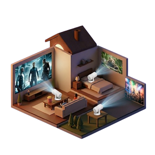 Vue en coupe 3D d'une maison montrant l'utilisation du vidéoprojecteur portable dans le salon, la chambre et sur la terrasse.