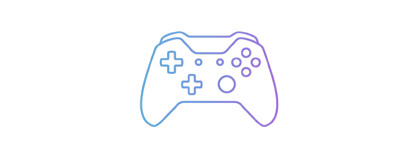 Icône minimaliste de manette de jeu vidéo bleu et violet pour section conseils techniques vidéoprojecteur gaming à faible latence ProjecteursPro.