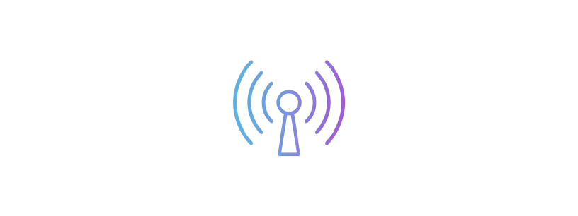 Icône minimaliste de signal sans-fil bleu et violet symbolisant la connectivité Wi-Fi et Bluetooth pour conseils installation épurée vidéoprojecteur ProjecteursPro.