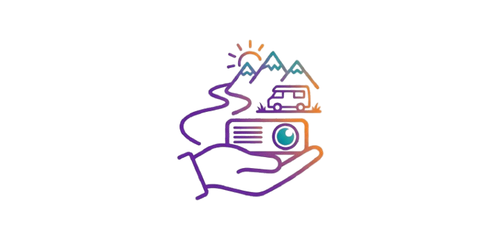 Icône minimaliste de mini vidéoprojecteur portable bleu et violet avec poignée pour conseils d'achat projecteur nomade et léger ProjecteursPro.