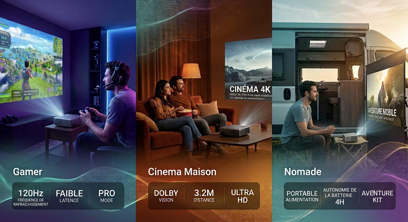 Image comparative en 3 sections montrant l'utilisation d'un projecteur pour le Gaming (120Hz, faible latence), le Cinéma Maison (4K Ultra HD) et le mode Nomade en van (autonomie 4H).